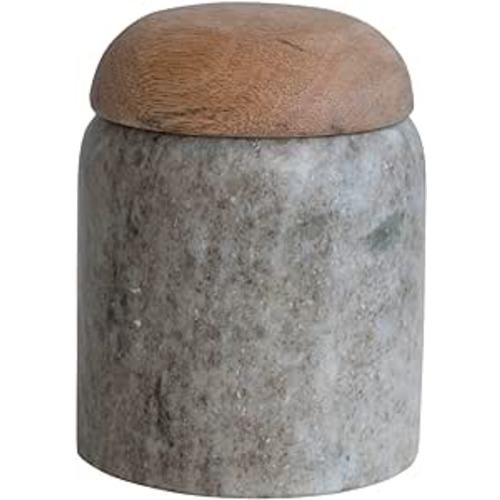 Creative Co-Op Modern Marble Canister with Wood Lid, Natural - Beige - 3" Round x 4"H