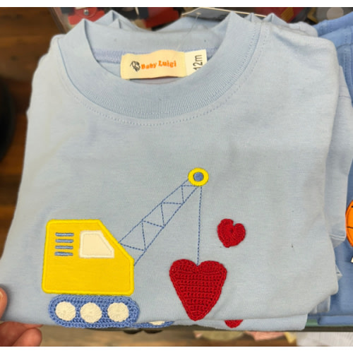 Blue Boys Shirt w/ Heart Crane. Size: 12M