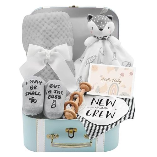 Baby Shower Gifts, Baby Boy Gifts Basket Includes Newborn Blanket Baby Lovey Security Blanket Wooden Rattle Toy, Funny Baby Bibs Socks & Greeting Card - Baby Gift Set Newborn Shower Basket