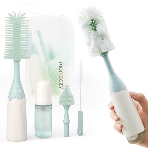 Momcozy Portable Bottle Brush Set - Baby Bottle Cleaner Kit with Silicone Brush, Nipple Brush, Straw Brush, Soap Dispenser, Drying Rack - 6 in 1 Bottle Cleaning Tool for Home and Travel