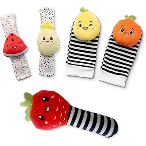 BABY K Rattle Socks & Wrist Rattles and Hand Rattle (Set C + Strawberry) - Newborn Toys for Baby Boy or Girl - Brain Development Infant Toy - Hand and Foot Rattles Suitable for 3-6, 6-12 Months Babies
