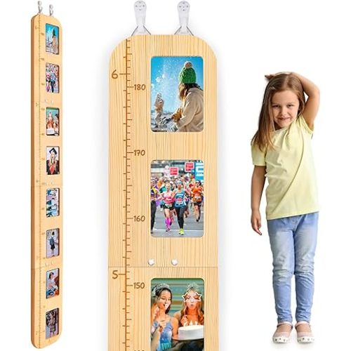 Basumee Growth Chart for Kids Wood Height Chart for Kids with Photo Frames Height Measurement for Wall Girls Boys Teen Room Wall Decor