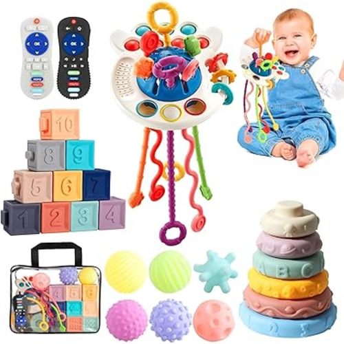 Baby Toys, 5 in 1 Montessori Toys for Babies 0-6 to12 Months| 10 Textured Silicone Teething Blocks Toys, Sensory Toys with Numbers & Animals, BPA-Free Toddler Toys Gift, Easy Clean & Travel Bag