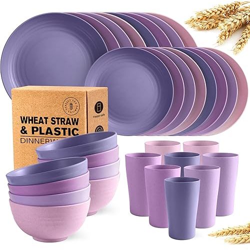 Teivio 32-Piece Kitchen Plastic Wheat Straw Dinnerware Set, Service for 8, Dinner Plates, Dessert Plate, Cereal Bowls, Cups, Unbreakable Colorful Plastic Outdoor Camping Dishes, Purple Ombre