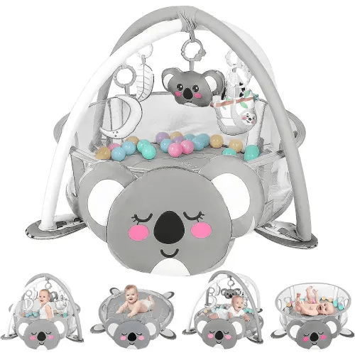dearlomum 4-in-1 Baby Play Mat Baby Gym,Tummy Time Mat for Floor Activity Gym Ball Pit Including 30 Balls with 5 Infant Learning Sensory Baby Toys for Newborn Toddler Boy & Girl Gifts(Koala)