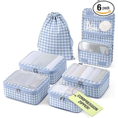Vandel Space-Saving Compression Packing Cubes for Women with Hanging Toiletry Bag, Laundry Bag, Compressible Carry On Suit Case Organizer Luggage Packing Cubes for Travel Compression Organizer Bags