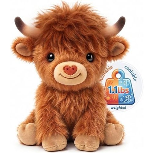 Mewaii Highland Cow Stuffed Animal, Weighted Highland Cow Plush with Washable Cover 1.1 lbs, Heatable & Coolable Microwavable Stuffed Animal Fluffy Cute Cozy Gift for Kids Women 10 Inch