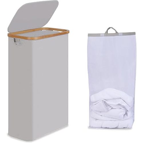 Slim Laundry Basket with Lid, Narrow Laundry Hamper with Removable Bag, Skinny Dirty Clothes Basket with Bamboo Handles for Bathroom, Bedroom & Laundry Room, 75L Light Grey