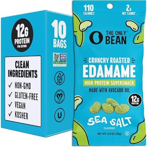 The Only Bean Crunchy Dry Roasted Edamame Snacks (Sea Salt), Healthy High Protein(11g) Keto Food, Low Carb Gluten Free Office Vegan Food 100 Calorie Snack Pack, 0.9oz 10 Pack