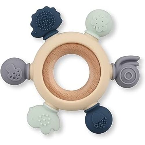 Baby Teething Toys, Silicone Chewable Rings with Organic Wooden, Natural Wooden Ring & Silicone Teething Toys for Soothing Teething Pain Relief