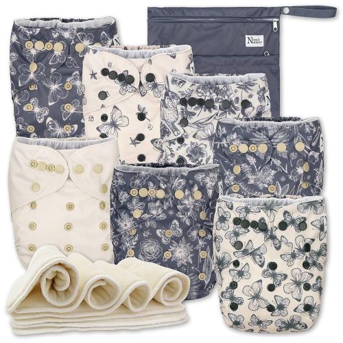 Nora's Nursery Cloth Diapers 7 Pack with 7 Inserts & 1 Wet Bag - Waterproof Cover, Washable, Reusable & One Size Adjustable Pocket Diapers for Newborns and Toddlers - Country Garden
