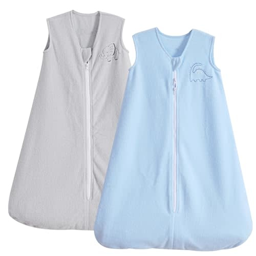 PHF Warm Micro-Fleece Baby Sleep Sack 0-6 Months, Soft Baby Wearable Blanket, 2-Way Zipper Sleeping Bags, 2 Pack Comfy Sleeping Sack for Infant Newborn Boys, Small Size, Blue&Grey