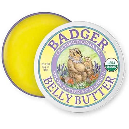 Badger Belly Butter, Organic Stretch Mark Cream for Pregnant Belly, Rich Hypoallergenic Moisturizing Organic Cocoa Butter & Coconut Body Butter for Women, 2 oz Tin