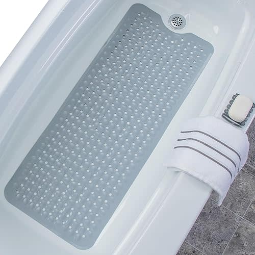 SlipX Solutions Power Grip Extra Long Bath Tub & Shower Mat 39x16, Wet Floor Non-Slip for Elderly & Kids Bathroom, 30% Longer Bathtub Mats, 200 Suction Cups, Drain Holes (1, Solid Gray)