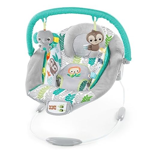 Bright Starts Comfy Baby Bouncer Soothing Vibrations Infant Seat - Taggies, Music, Removable Toy-Bar, 0-6 Months Up to 20 lbs (Jungle Vines)