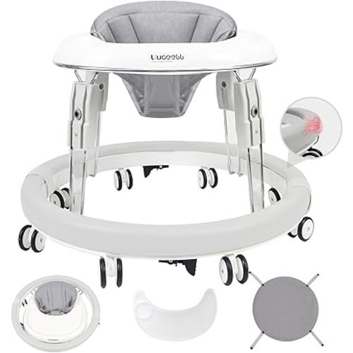 Baby Walker with Wheels, Anti-Collision Design One-Touch Folding Baby Walker, Anti-Roll 8-Wheel Round Chassis, 7-Gear Height Adjustable, with Large Dinner Plate for Baby from 6-18M, Grey