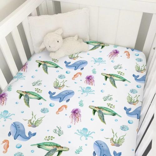 Cute Sea Animals Baby Crib Sheets 52''x28'' Ocean Turtle Whale Jellyfish Sea Horse Weeds Fitted Crib Mattress Cover for Boy Girl Marine Nursery Baby Bed Sheets for Standard Crib and Toddler Mattress