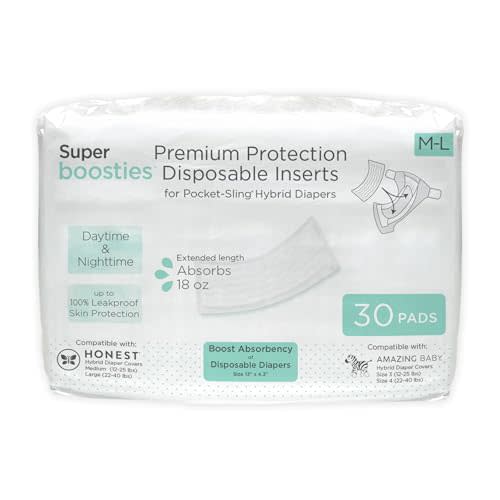 Overnight Diaper Leak Stopper, Super Boosties Disposable Inserts, Use with Pampers Sizes 4-6, Honest Hybrid Diaper Cover Sz Medium/Large, Amazing Baby Cover Sz 3/4, 4.3x13 in, 30 Count