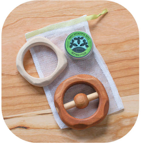 Cherry Rattle & Maple Wood Teether Gift Set - Green Ribbon