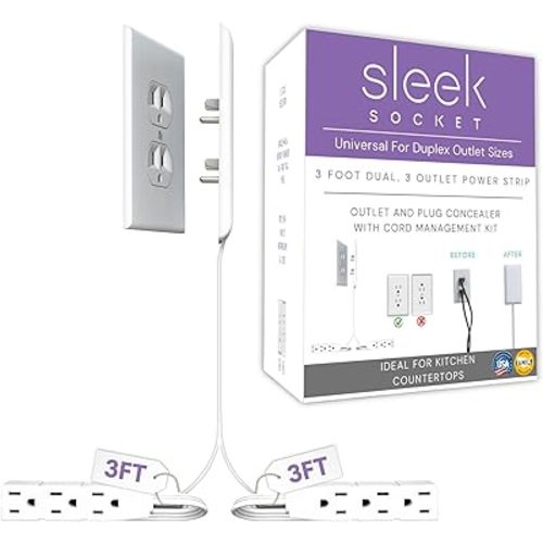 Sleek Socket Original & Patented Ultra-Thin Outlet Concealer with Cord Concealer Kit, Flat Extension Cord with Multi Outlets Power Strip, Ideal for Home Improvement, Hide Bulky and Messy Cords