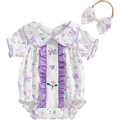 WZTYYDS Newborn Baby Girl Clothes Print Short Sleeve Doll Collar Romper Dress with Headband Set Infant Bodysuit Outfits (A Purple, 3-6 Months)