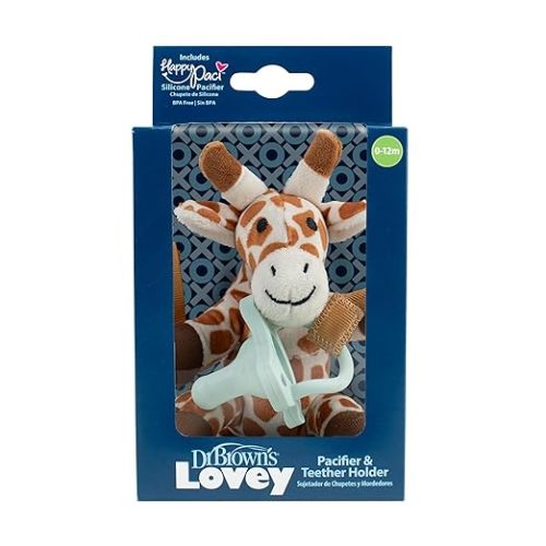 Dr. Brown's Baby Lovey Pacifier & Teether Holder, 0-12m, Giraffe with Light Green HappyPaci, 100% Silicone, 0-6 m (Packaging May Vary)