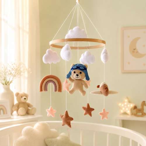 Handmade Aviator Bear Baby Mobile, Felt Airplane Nursery Crib Decor