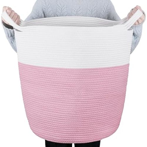 60L Woven Laundry Basket, Tall Laundry Basket for Dirty Clothes, Blanket, Toy, Large Storage Hamper for Comforter, Cushions in Bathroom, Nursery, Baby Room and Living Room (White & Pink)