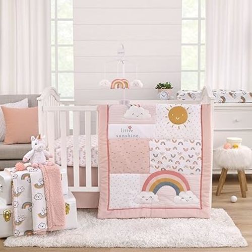 NoJo Carter's Chasing Rainbows - Peach, White, Teal and Gold Rainbows and Clouds 3 Piece Nursery Crib Bedding Set - Comforter, Fitted Crib Sheet and Crib Skirt
