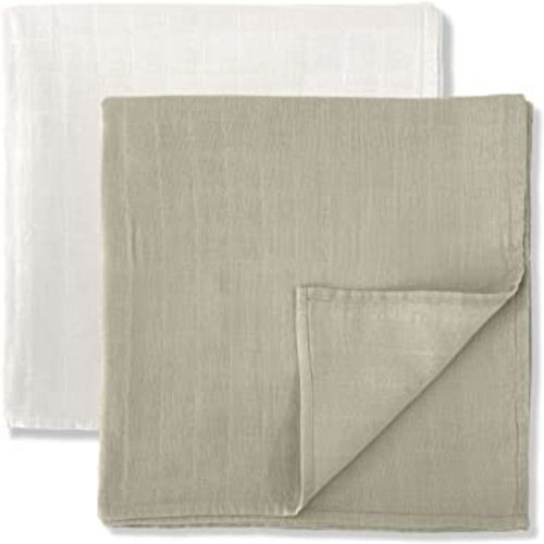 MOZAH Organic Muslin Swaddle Blankets - Set of 2 Large 100% Organic Cotton Blanket - Baby Nursery Essentials - Baby Blankets Neutral - Baby Girl Swaddle and Baby Boy Swaddle (Pearl and Pale Taupe)