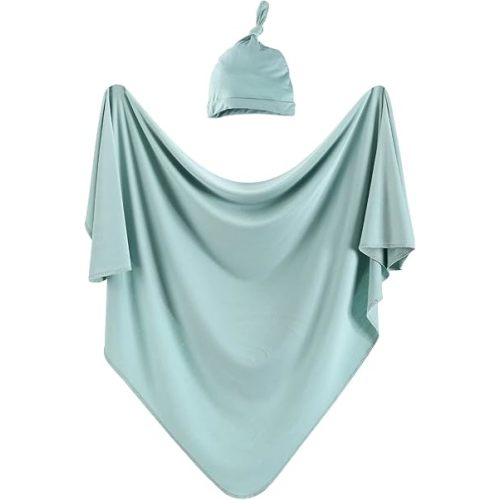 iEvolve Cotton Knitted Baby Swaddle Blanket with Hat Headband Set Newborn Swaddle Wrap Receiving Blankets for Baby Girl Boy 35" x 35"(LightGreen)