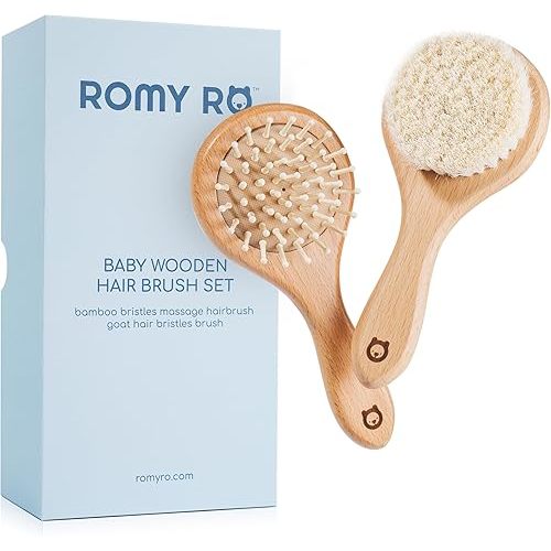 ROMY RO Baby Wooden Hair Brush Set - Premium Baby Brushes - Soft Natural Bristles - Organic Baby Products - Perfect Baby Registry Gift - Cradle Cap Brush - Newborns & Toddlers