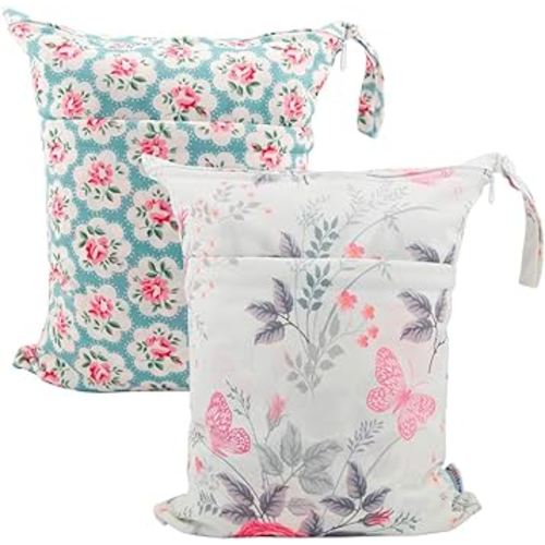 ALVABABY 2pcs Cloth Diaper Wet Dry Bags Waterproof Reusable with Two Zippered Pockets Travel Beach Pool Daycare Soiled Baby Items Yoga Gym Bag for Swimsuits or Wet Clothes L5166