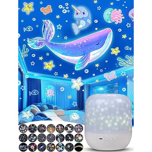 21 Sets of Films + Night Light for Kids, Baby Star Projector for Bedroom, Ceiling, Kids Night Light Galaxy Projector with 360° Rotation, Dimmable for Baby Girls, Christmas, Nursery, Room Decor