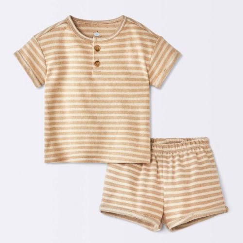 Baby Boys' 2pc Striped Henley T-Shirt and Shorts Set - Cloud Island™ Tan Newborn