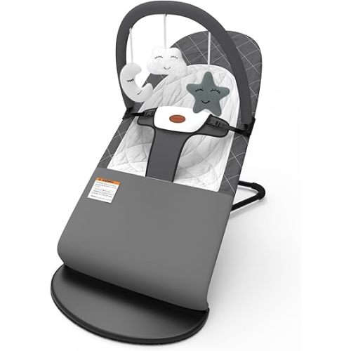 Portable Baby Bouncer Seat for Infants, 0-18 Months, 100% Cotton, 3 Modes of Use with Rocker & Stationary Options, Ergonomic Infant Chair with Hanging Toys – Grey