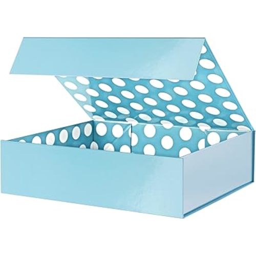 GREEN BEAN Gift Box 13x9.7x3.4 Inches, Large Baby Blue with Lid for Presents, Magnetic Gift Box for Clothes, Shirt (Glossy Metallic Baby Blue, Dot Design Inside)