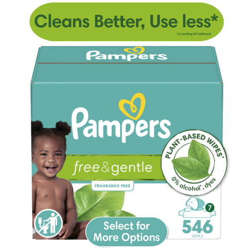 Pampers Free & Gentle Baby Wipes, 99% Water, Hypoallergenic, Unscented, 100% Plant Based, Plastic-Free Baby Wipes, 546 Baby Wipes Total (7X Flip-Top Packs)