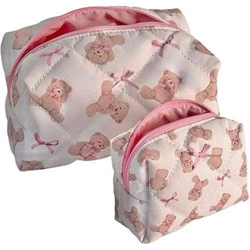Teddy Bow Makeup Bag Set of 2, Cotton Quilted Bear Makeup Bags with Satin Pink Bows, Cute Girly Toiletry Pouch Set, Small Bag for Purse, Coquette Accessories, Aesthetic Gift Set for Women Teen Girls