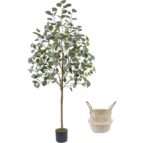 Artificial Eucalyptus Tree, 5ft Tall Mordern Fake Eucalyptus Plant with Basket, Green Silk Leaves Perfect Faux Trees for Home Office Livingroom Floor Decor Indoor Outdoor