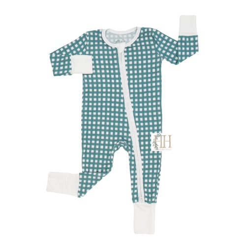 Teal Check Double Zipper Romper