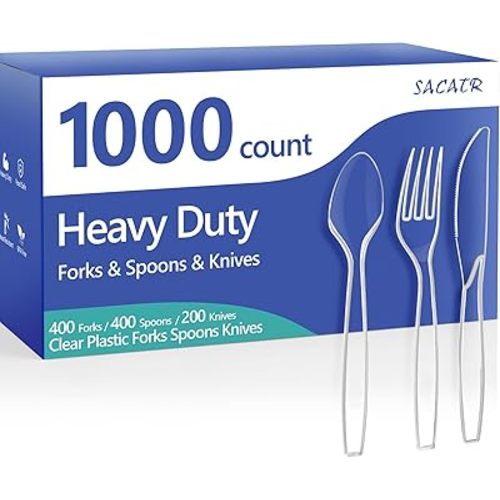 Heavy Duty 1000 Count Silverware - 400 Forks, 400 Spoons, 200 Disposable Knives, BPA-Free Plastic Cutlery for Parties & Everyday Use