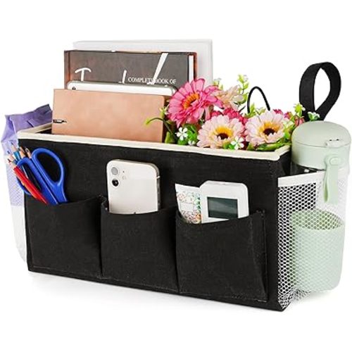 Bedside Caddy Bedside Organizer Bedside Storage Caddy with Fixed Straps and Water Bottle Holder for Home College Dorm Bunk Bed Hospital Bed Crib Bed Rails (Black)