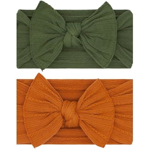 Baby Bling Bows - Newborn to Little Baby Girl Bows, 2 Pack Nylon Super Soft Stretchy Knot Toddler Headbands, Perfect Hair Accessories Head Bands for Infant Kids(Green & Orange)