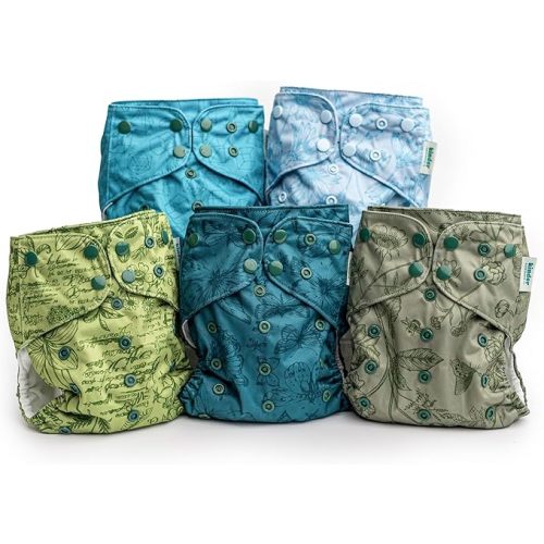Kinder Cloth Diapers Set of 5 Reusable Baby Diapers Pocket Style Athletic Wicking Jersey, Newborn to Potty 7-60lbs, One Size, Inserts NOT Included (Tranquil Garden Botanicals)