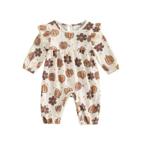Baby Girl Halloween Thanksgiving Ruffle Romper Pumpkin Flower Print Lo – August + Willow