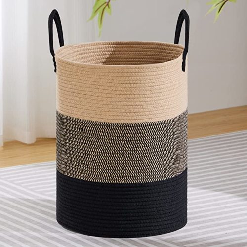 100L Extra Large Woven Laundry Basket Hamper, Brown Black