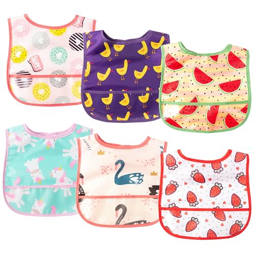 2ooya 6Pcs Baby Feeding Bibs with Crumb Catcher Pocket Adjustable Waterproof Sleeveless Teething Bib Set Toddler Infant Keepsake Gift for Baby Shower, 6-24 Months