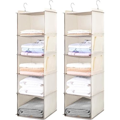 BOOMIBOO Hanging Closet Organize and Shelves，5-Hanging Shelf with 2 Side Pockets，Storage Foldable （2 Pack ，Beige）