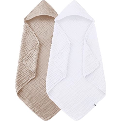 2 Pack Hooded Baby Towels - 100% Muslin Cotton for Newborns, Infants, Toddlers - Large 32x32Inch Size - Highly Absorbent and Essential for Newborn Care, White and Brown